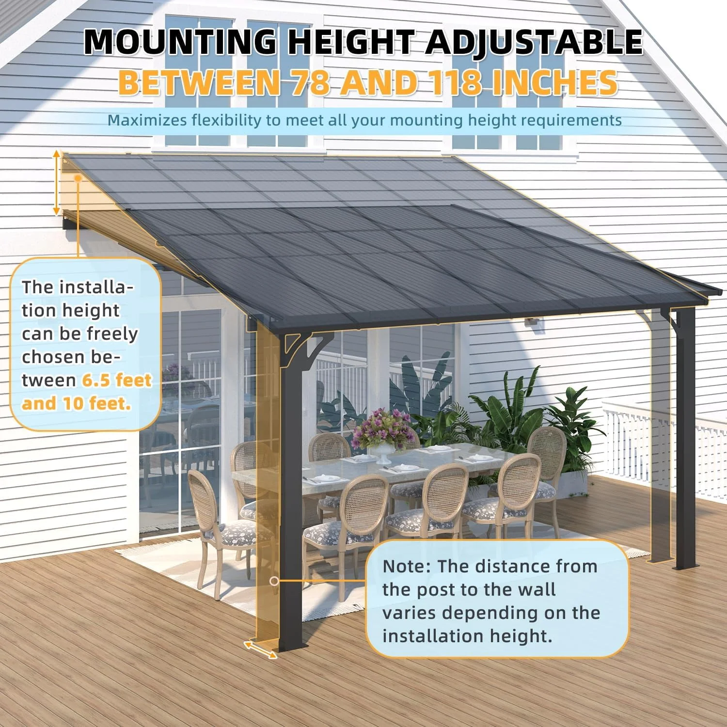 AECOJOY 10' x 12' Wall-Mounted Hardtop Gazebo Outdoor Aluminum Pergola with Adjustable Height for Garden, Patio, Backyard-Gray