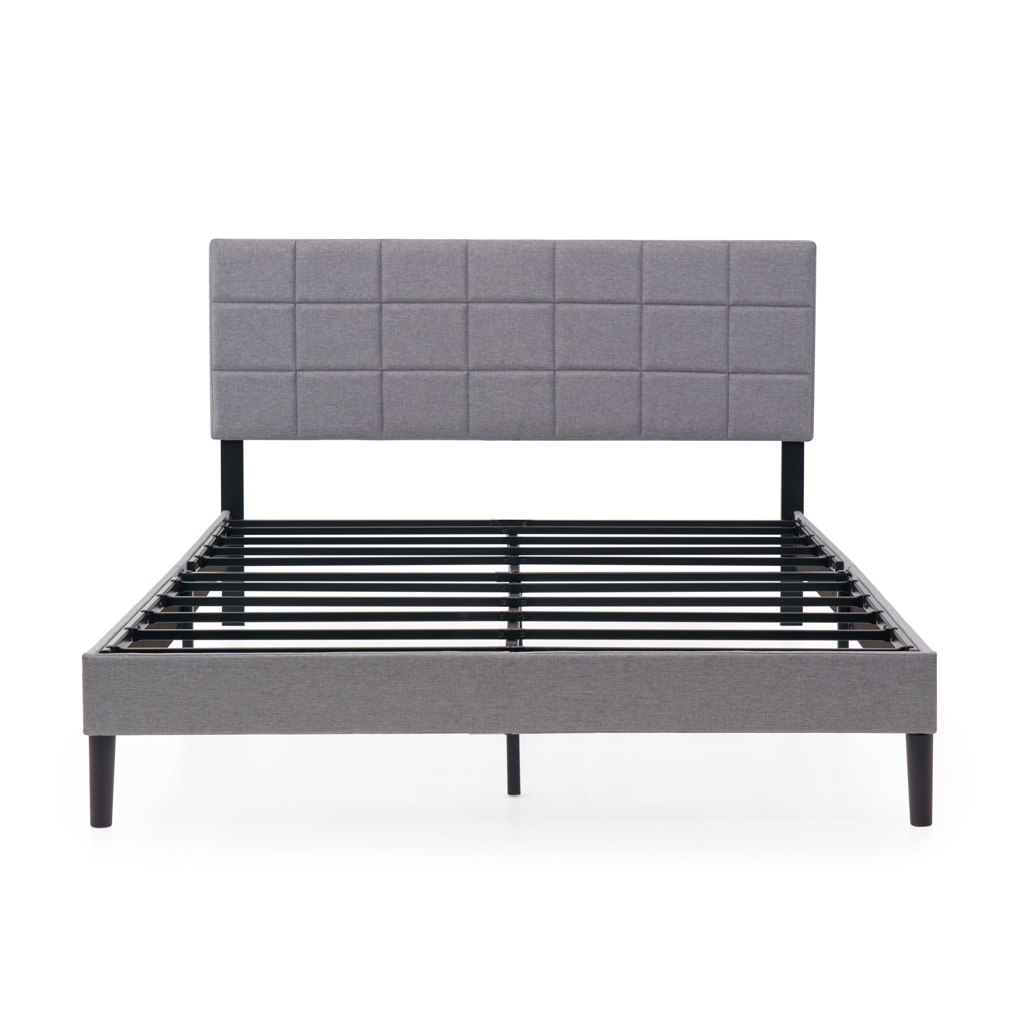 Mainstays Upholstered Platform Bed Frame with Square Stitch Height Adjustable Headboard, Grey