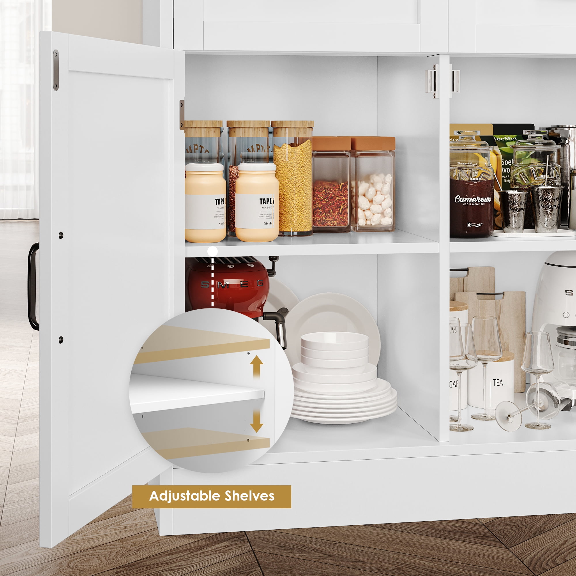 Homfa 71" Farmhouse Kitchen Pantry Storage Cabinets with 2 Drawers and Adjustable Shelves, Wood Tall Hutch Storage Cabinet for Dining Room, White