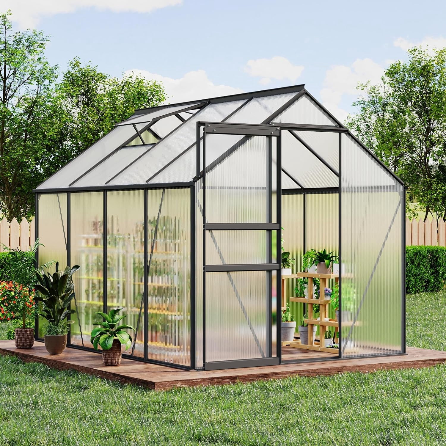 OUYAWEI 6x8FT Outdoor Greenhouse Polycarbonate Aluminum Frame Sliding Door Adjustable Roof Vent Black