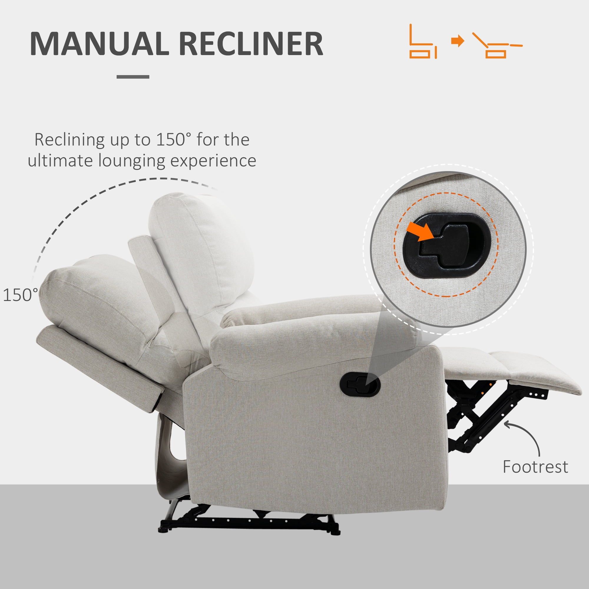 HOMCOM Recliner Sofa Manual Reclining Chair with Footrest for Living Room