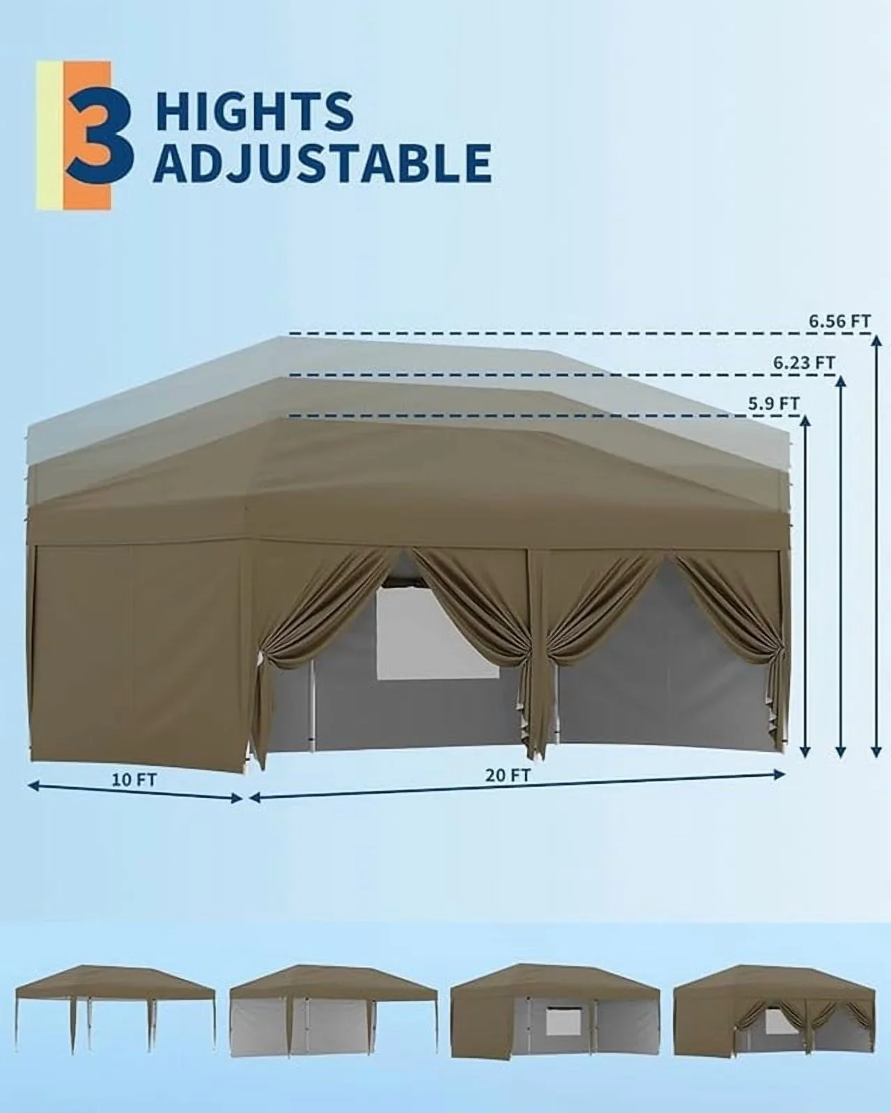 10x20 Pop Up Canopy Tent with 4 Sidewalls, Heavy Duty Outdoor Canopy UPF 50+ All Season Waterproof Commercial Street Vendors Party Tents with Roller Bag, 8 Stakes & 6 Sandbags,Khaki