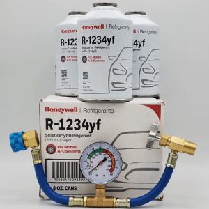 Genuine 8 oz R1234YF Refrigerant (3 Freon Cans) & HD Brass Can Tap with Gauge
