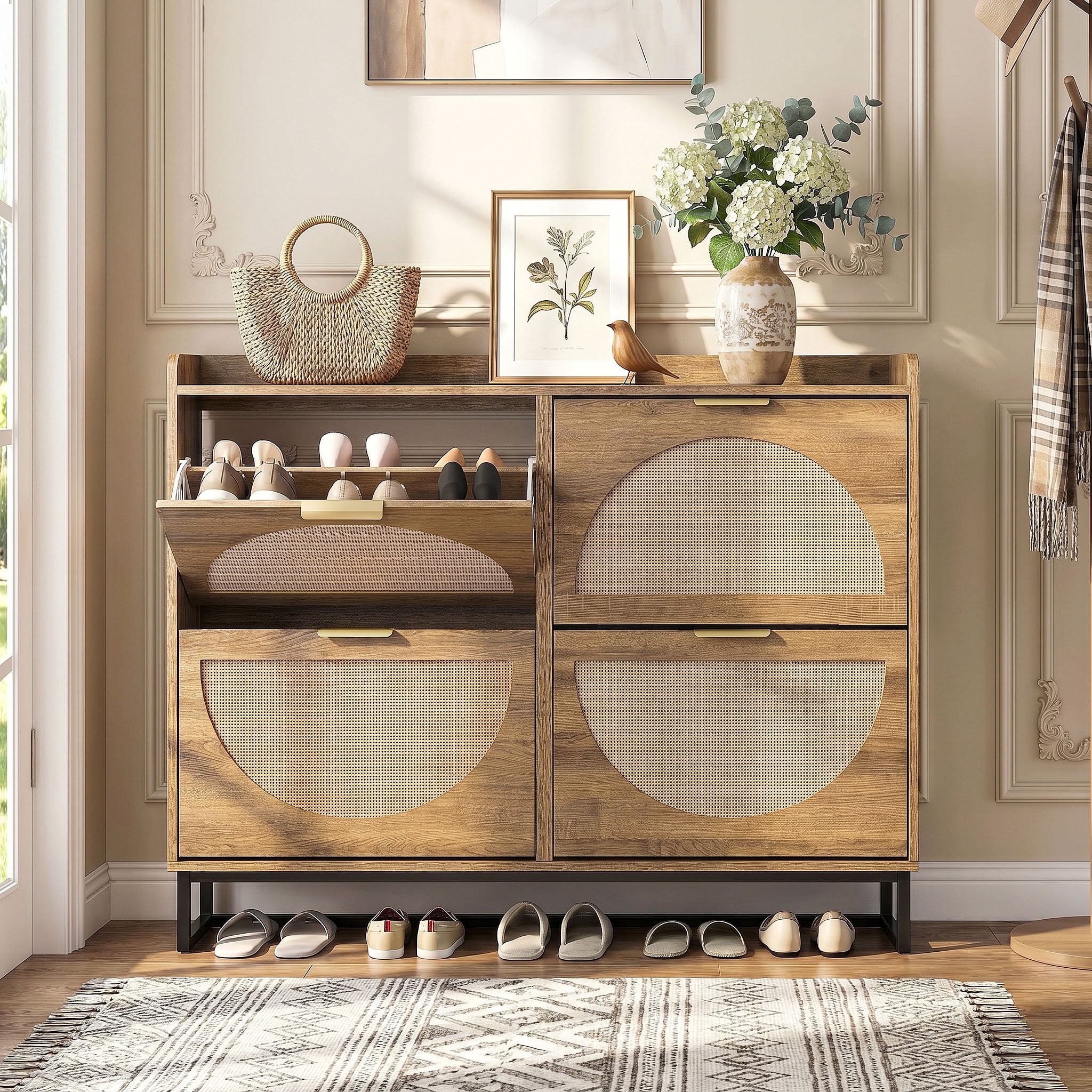 Conate Rattan Shoe Cabinet with 4 Flip Drawers, Modern 40 Pair Shoe Storage Cabinet for Entryway with Hidden Golden Handles