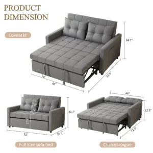 BIGSYY 52" Linen 3-in-1 Convertible Sleeper Sofa with Pull-Out Bed, Stepless Adjustable Backrest & Side Pocket - Light Grey