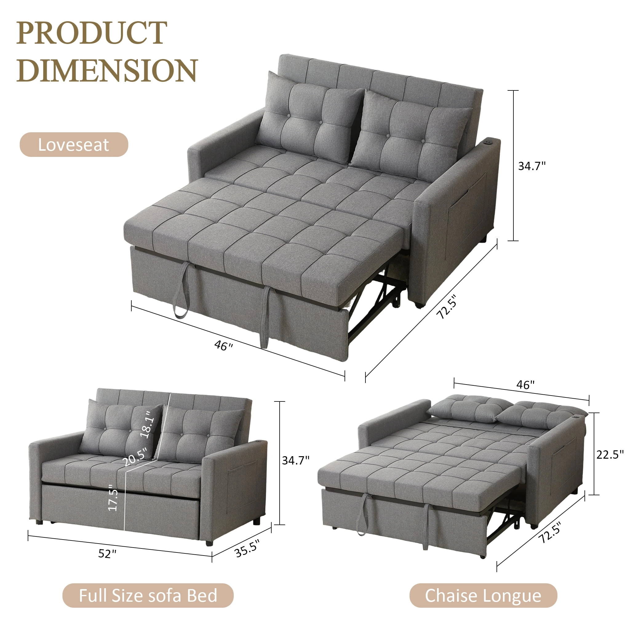 BIGSYY 52" Linen 3-in-1 Convertible Sleeper Sofa with Pull-Out Bed, Stepless Adjustable Backrest & Side Pocket - Light Grey