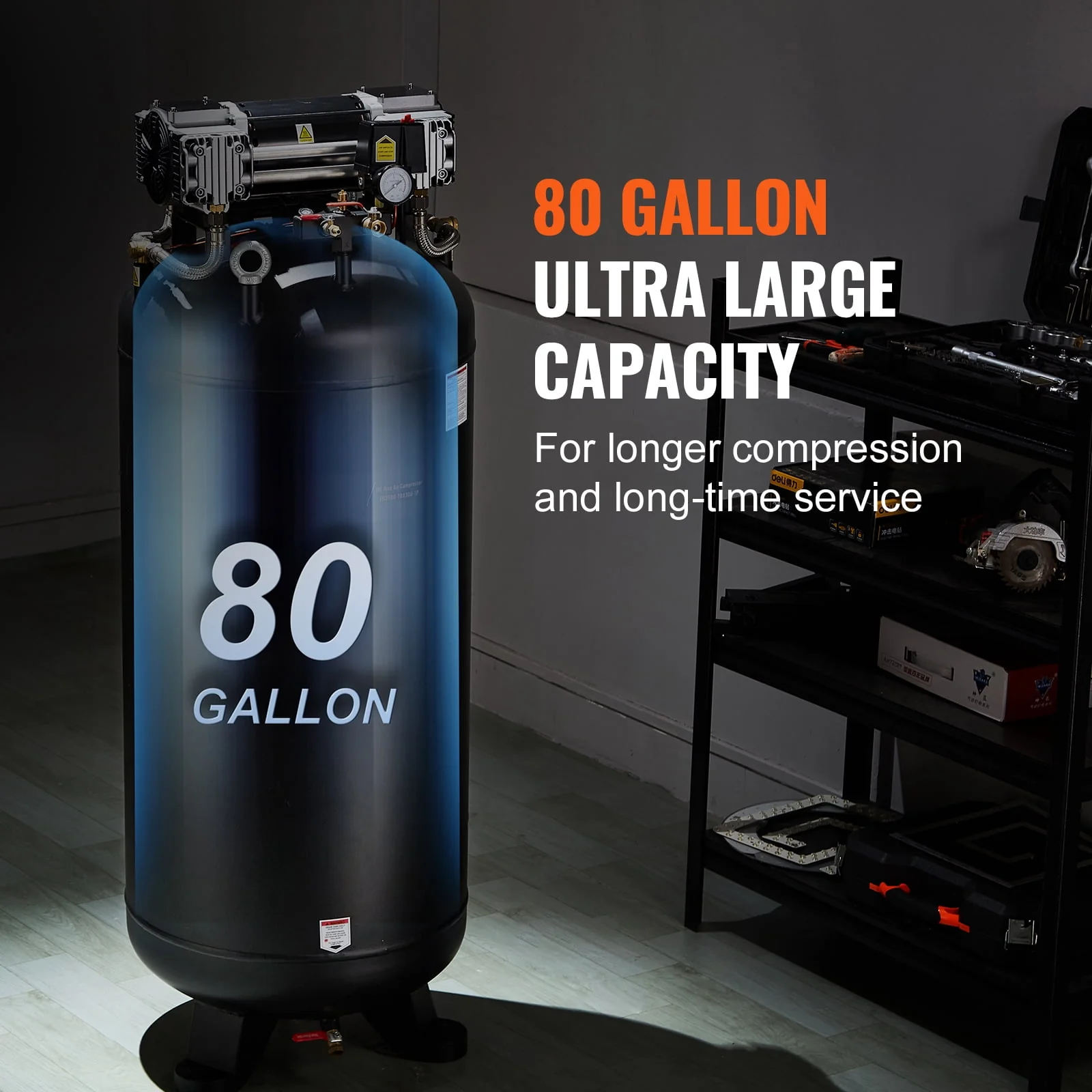 KFFKFF 80 Gallon Air Compressor, 6.5HP, 15.5SCFM@90 PSI, Two-Stage 145PSI, Lubrication-Free, 86dB Low Noise, Suitable for Industrial Production, Building, Car Maintenance
