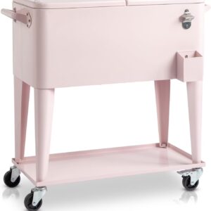 80 Quart Rolling Ice Chest, Portable Bar Drink Cooler with Catch Basin, Bottom Storage Tray and Bottle Opener for Patio Party BBQ Beach Activities