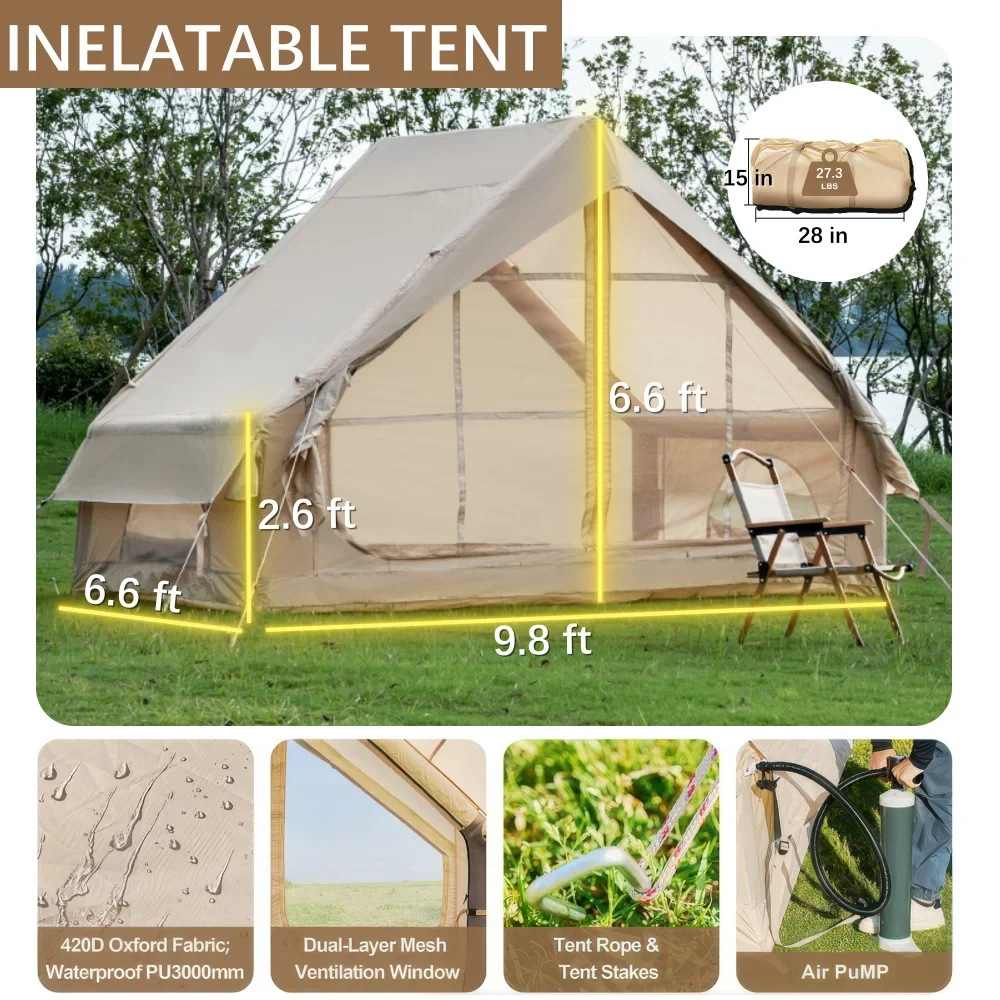 Oufan Inflatable Tents for Camping, Blow Up Tent with Hand Pump, Easy Setup 4 Season Waterproof Outdoor Tent, with 12 Mesh Window and Oxford Air Glamping Tents for Camping Adult 4-6 Person, Beige
