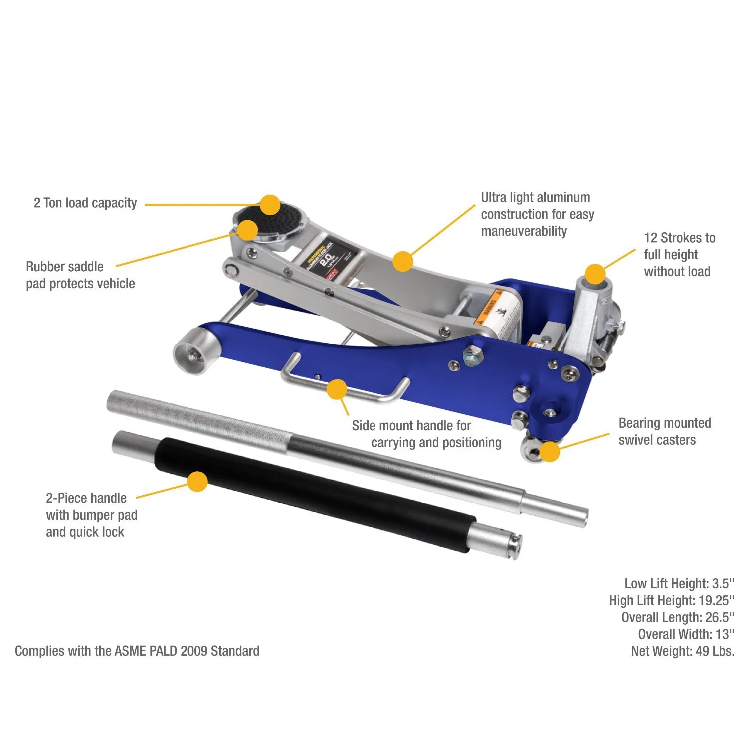 ARCAN TOOLS 2-Ton (4,000 lbs.) Quick Rise Aluminum Floor Jack with Dual Pump Pistons & Reinforced Lifting Arm (A20017)