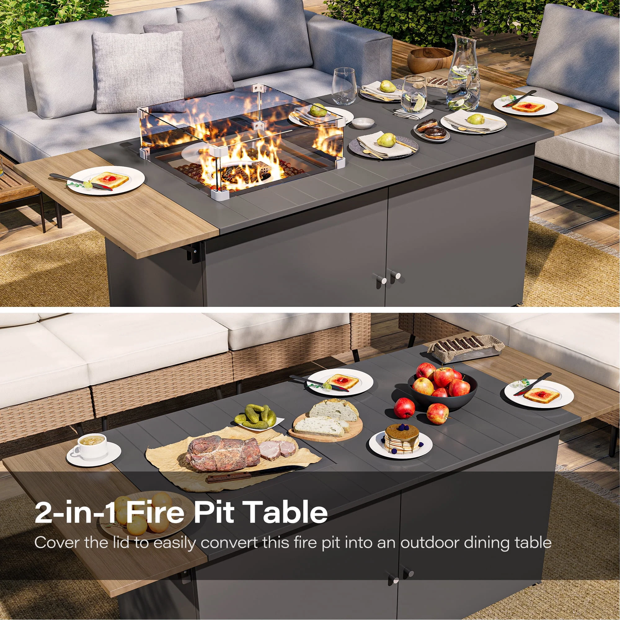 KAMEROUT 64" Outdoor Fire Pit Table, 50,000 BTU Patio Propane Fire Pit with Foldable Tabletop & Wind Guard, Black