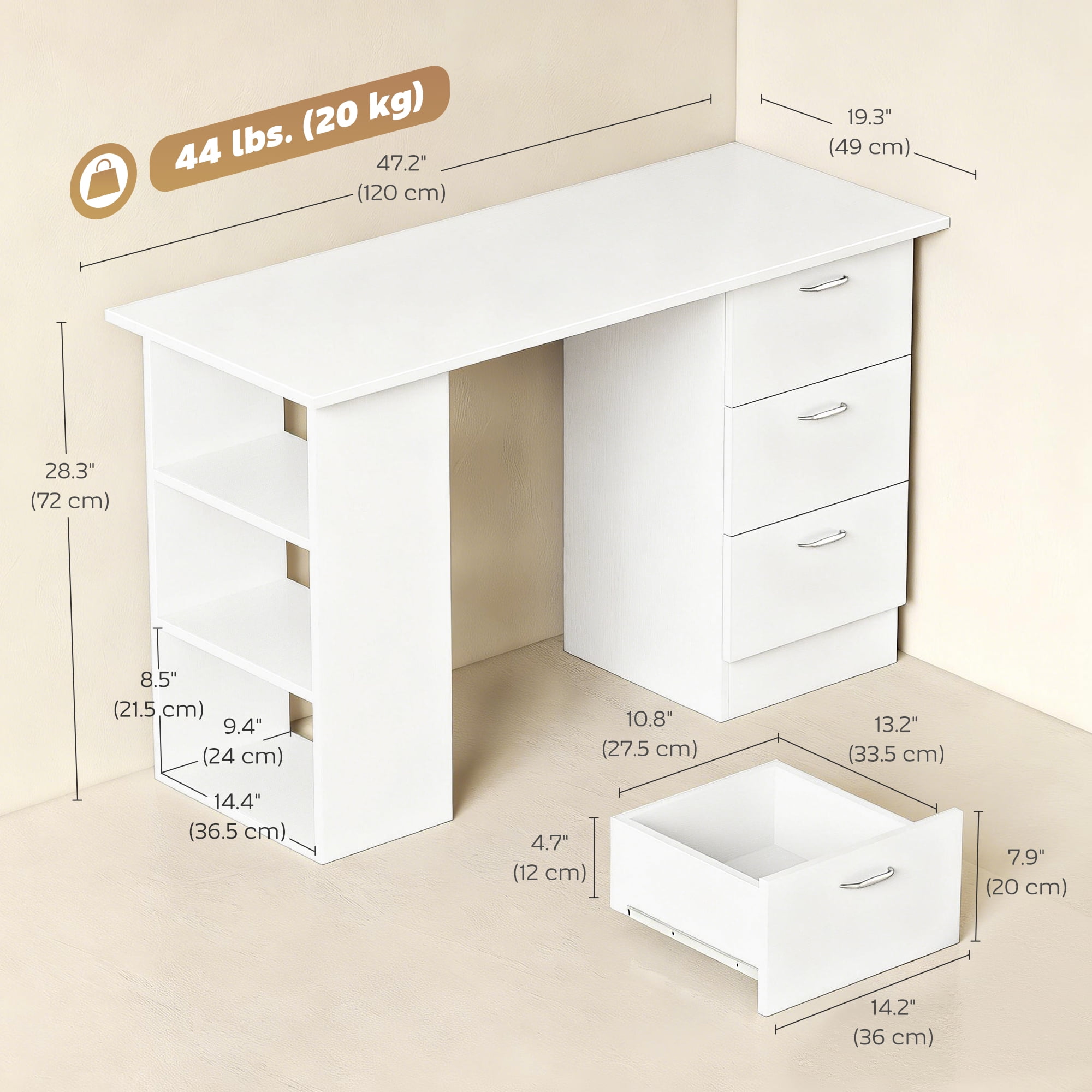 HOMCOM Computer Desk with 3-Tier Storage Shelves, Home Office Desk