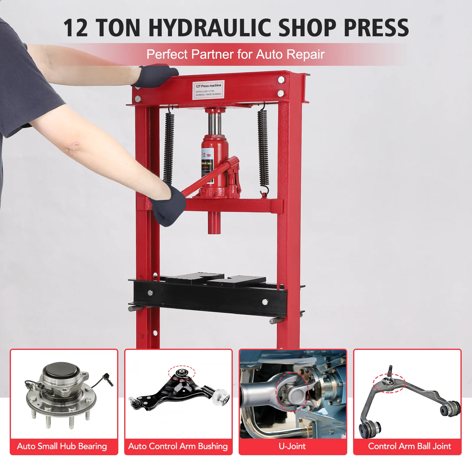 12 Ton Hydraulic PressBenchtop Hydraulic Shop PressH-Frame Garage Floor Press with Press PlatesAdjustable Working Table HeightRed