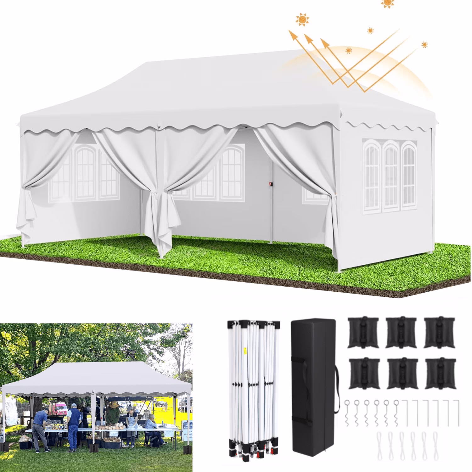 LAZY BUDDY 10'x20' Pop up Canopy Tent with 6 Sidewalls, Heavy Duty Outdoor Canopy Tent Commercial Instant Folding Sun Shelter for Party, Wedding, Camping
