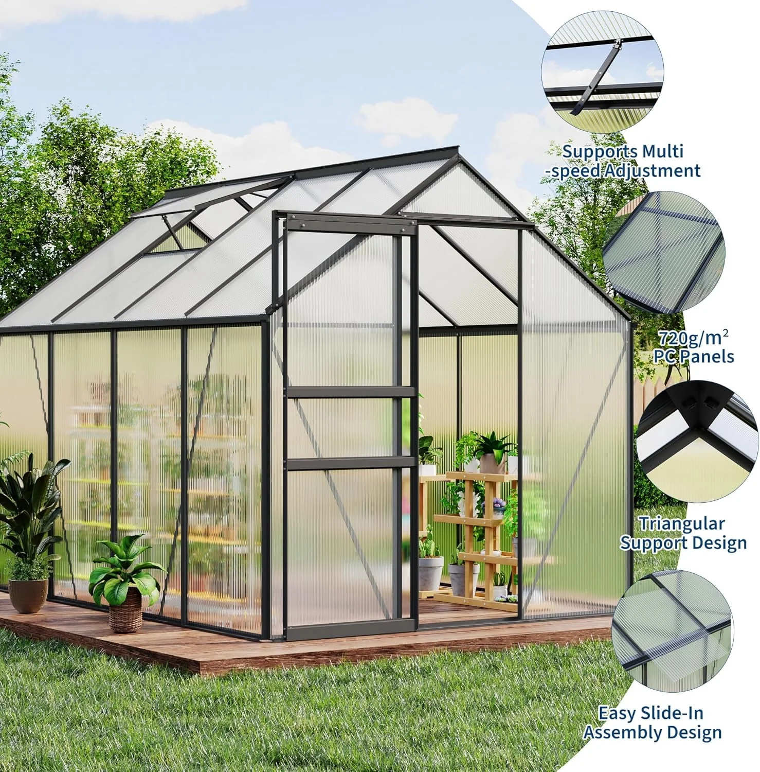 OUYAWEI 6x8FT Outdoor Greenhouse Polycarbonate Aluminum Frame Sliding Door Adjustable Roof Vent Black