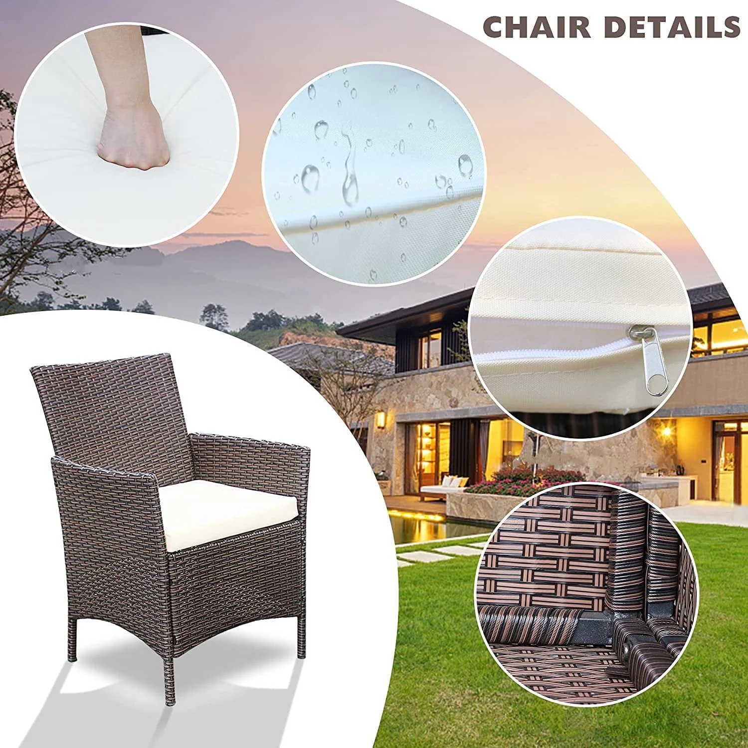 Homall 3 Pieces Outdoor Patio Furniture PE Rattan Wicker Table and Chairs Set Bar Set with Cushioned Tempered Glass, Brown/Beige, 2