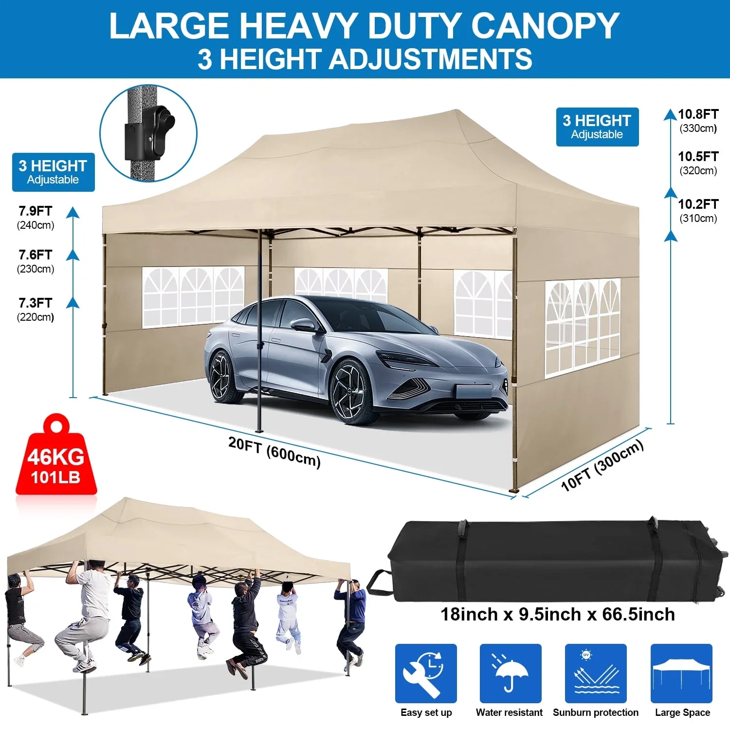 10'x20' Pop Up Canopy Waterproof Folding Tent Outdoor Easy Set-up Instant Tent Heavy Duty Commercial Wedding Party Shelter with 6 Removable Sidewalls, 4 Sandbags, Roller Bag, Khaki