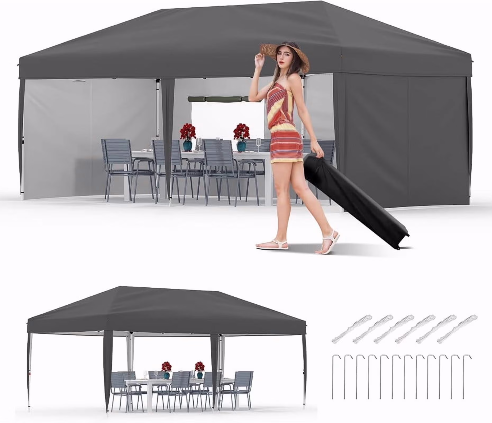 10x20 Pop Up Canopy Tent with 4 Sidewalls, Heavy Duty Outdoor Canopy UPF 50+ All Season Waterproof Commercial Street Vendors Party Tents with Roller Bag, 8 Stakes & 6 Sandbags,Khaki