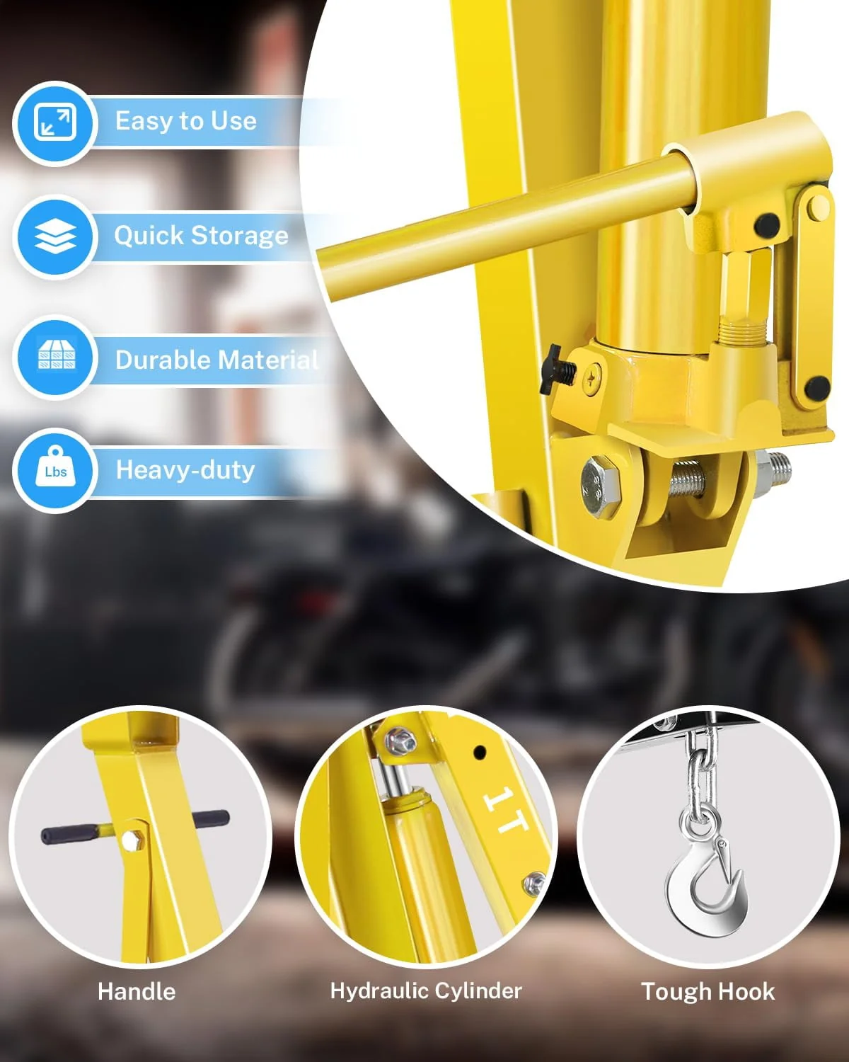2-Ton Folding Hydraulic Engine Hoist with Lever & Telescopic Boom, 4400 Lbs Capacity with 6 Steel Casters for Car Truck Boat Motors
