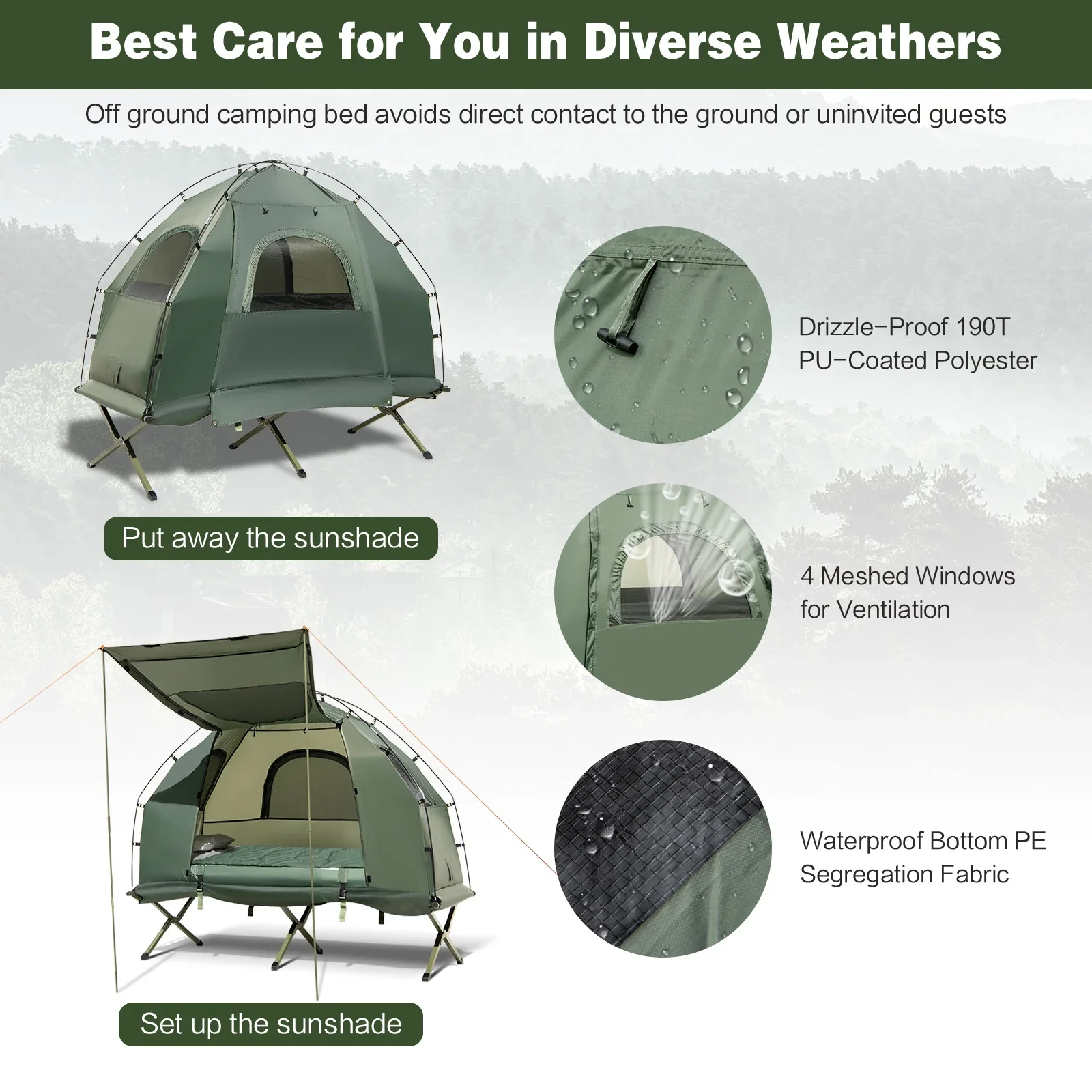 Patiojoy 1-Person Folding Camping Tent Cot Portable Pop-Up Tent w/Sleeping Bag & Air Mattress for Outdoor