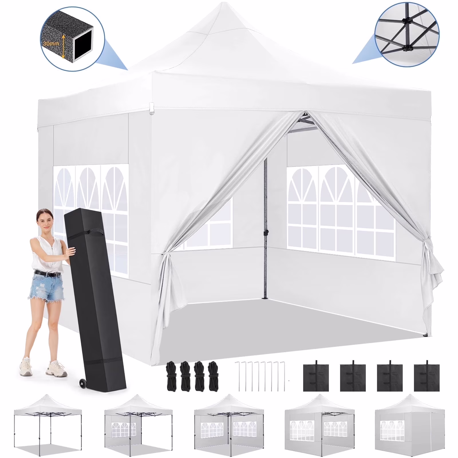 SANOPY 10'x20' Pop Up Canopy Waterproof Folding Tent Outdoor Easy Set-up Instant Tent Heavy Duty Commercial Wedding Party Shelter with 6 Removable Sidewalls, 4 Sandbags, Roller Bag, Black