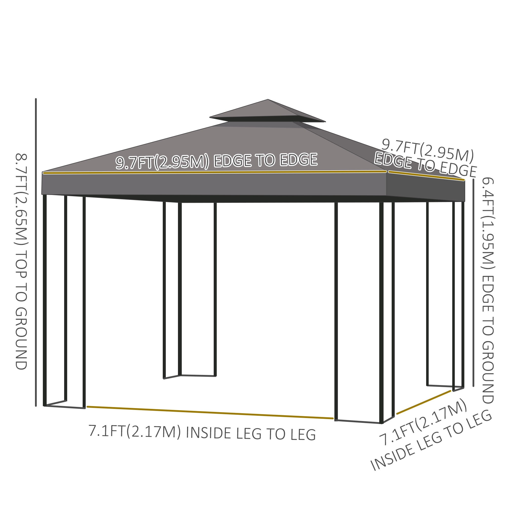 Outsunny 10' x 10' Patio Gazebo Outdoor, Canopy Shelter with Double-tier Roof, Pavilion Sidewalls for Garden Events