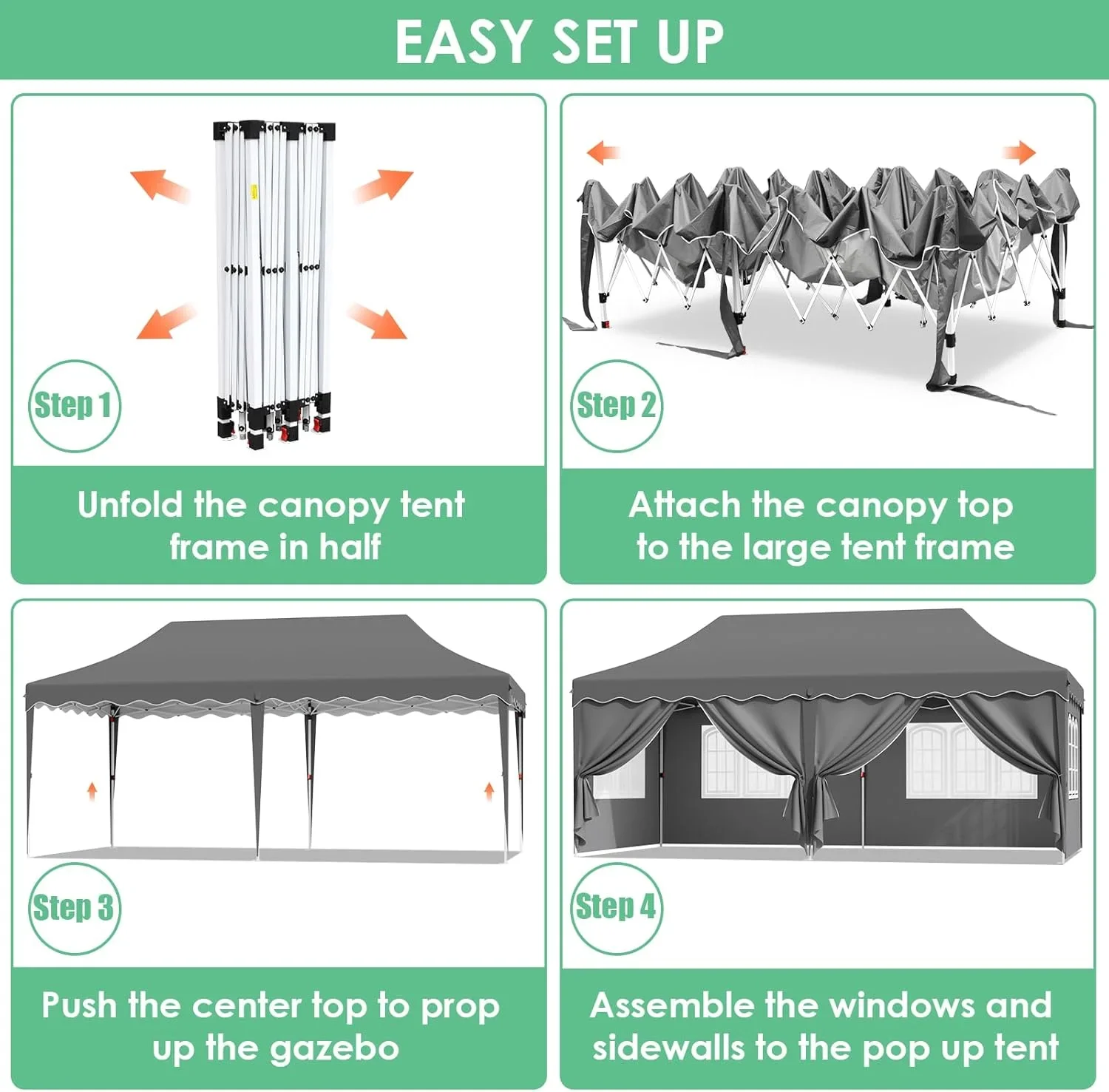LAZY BUDDY 10'x20' Pop up Canopy Tent with 6 Sidewalls, Heavy Duty Outdoor Canopy Tent Commercial Instant Folding Sun Shelter for Party, Wedding, Camping