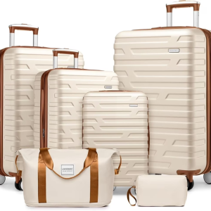 6-Piece Hardshell Luggage Set with Expandable Spinner Suitcases & TSA Lock, 25% Extra Capacity, Duffel Bag & Toiletry Kit, Cream ABS Suitcases